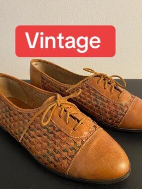 Kalli Collection Tan Woven Leather Lace-Up Flats